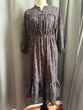 Paisley Ruffle-Hem Long Sleeve Maxi Dress in Navy and Rust Tones